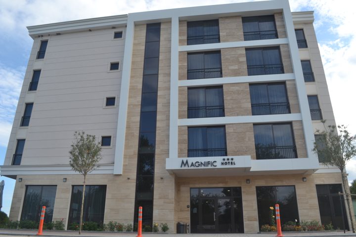 Completed facade with stone cladding